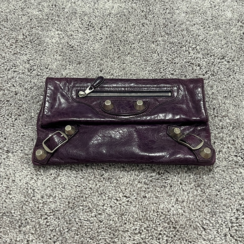 Balenciaga Dark Purple Leather Clutch